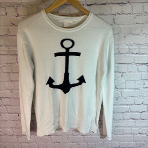 C & C California White Navy Anchor Nautical Beachy Americana Sweater Size M
